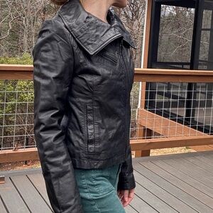 Vintage 2000s Kenneth Cole NY Black Leather Moto Jacket XS Y2K Slim Fit